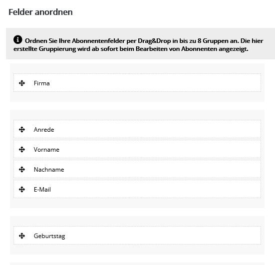 Abonnentenfelder anordnen in newsbird